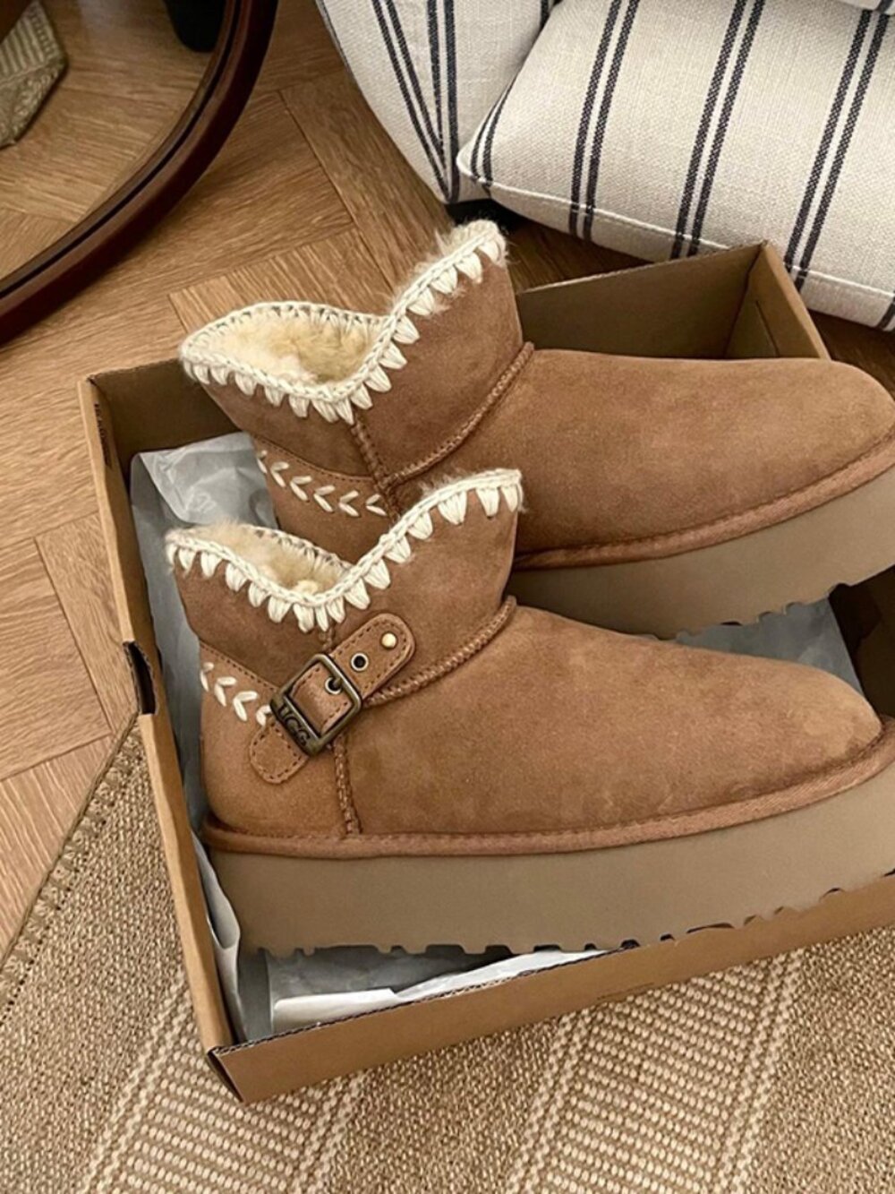 UGG Brown Platform Ankle Boots with Ethnic-Inspired Embellishments